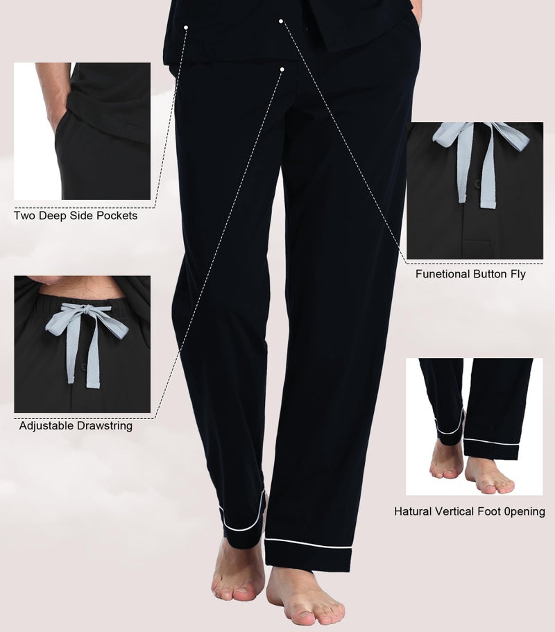 COLORFULLEAF Men's 100% Cotton Pajamas Set Button Down Sleepwear Short Sleeve and Long Pants Pjs (Black,XL) - Image 3